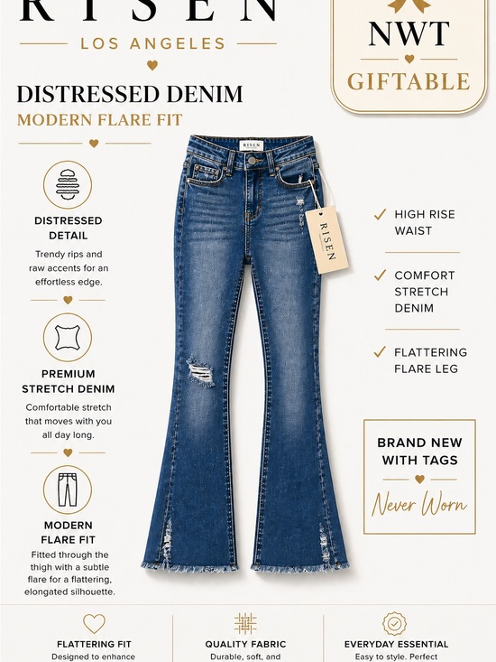 Risen Los Angeles Denim - NWT Risen Los Angeles Distressed Flare Jeans Size 7/28 High Rise Raw Hem Gift
